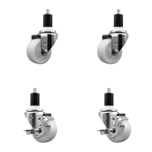 3'' Nylon Wheel Swivel 1-1/2'' Expanding Stem Caster Set 2 Brakes, 4PK